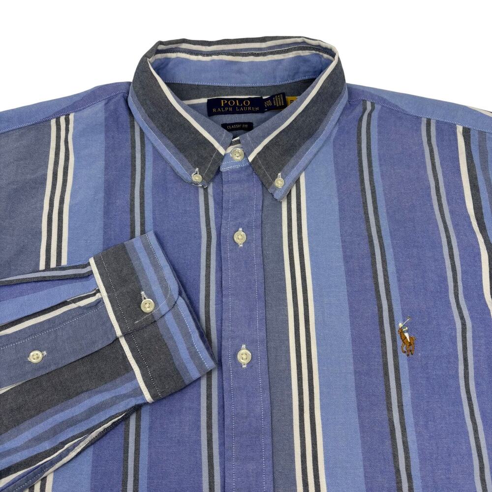 Polo Ralph Lauren Mens 2XL Blue Gray Striped Classic Fit‎ Button Down Shirt